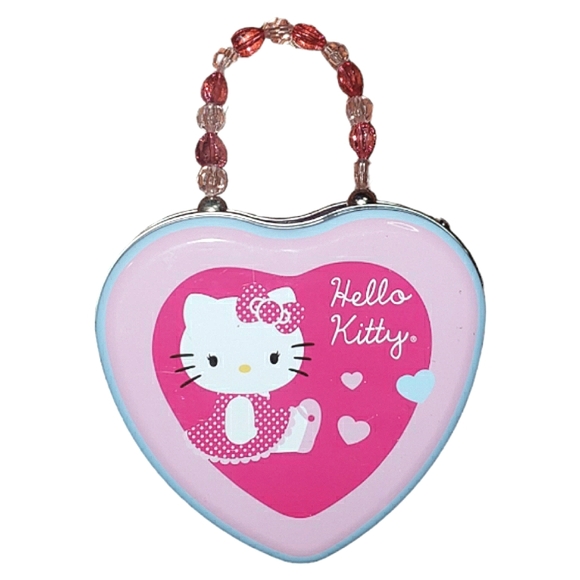 Hello Kitty Love Embossed Tin Heart Bead Handle Container Purse Collectable Toy - Picture 2 of 16